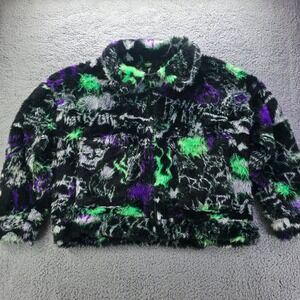 Jaded London Faux Fur Jacket Neon Green Purple Graffiti Shaggy Zip Coat S/M